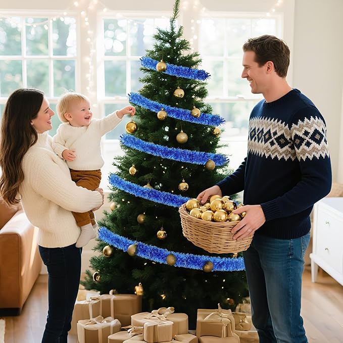 33FT Blue Christmas Tinsel Garland，Metallic Christmas Tree Decoration, Tinsel Garland Decoration for Christmas Decoration, Halloween & Birthday Party, Indoor and Outdoor Activity New Year Parties