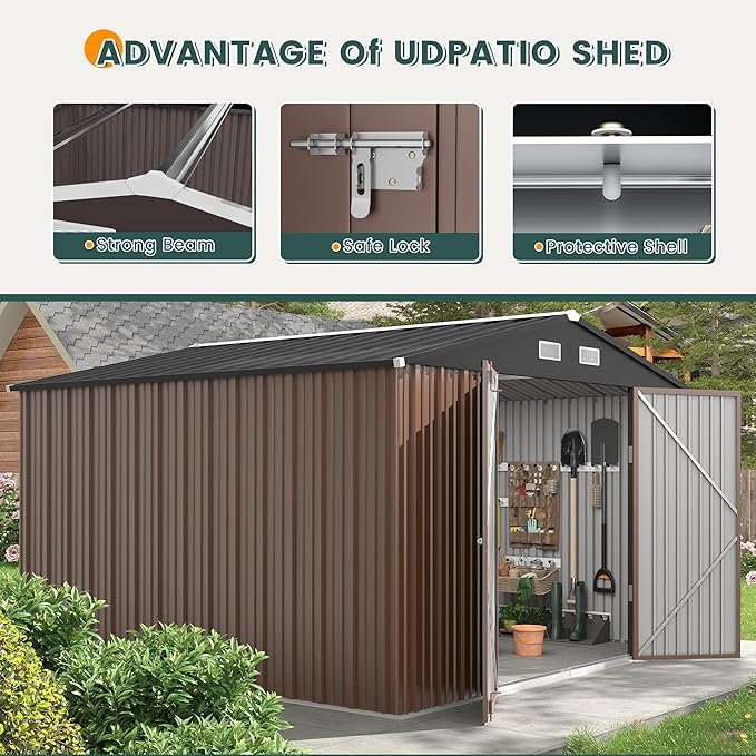 UDPATIO Outdoor Storage Shed 10x10 FT, Outside Sheds & Outdoor Storage Metal Galvanized Steel Yard, Lawn, with Lockable Door for Can, Bike, Lawnmower,Dark Brown