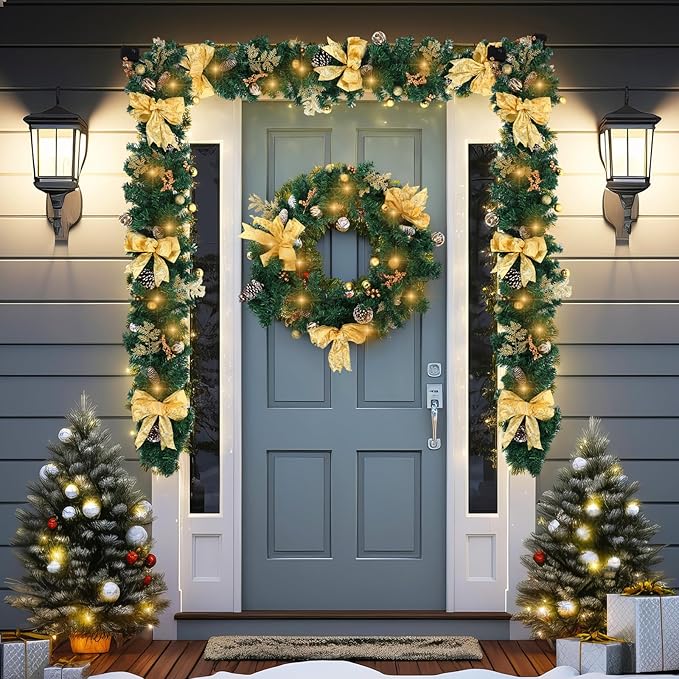 2 Pack 6ft Christmas Garland with LED Lights Pre Lit Outdoor Christmas Garland with Pine Cones Bow Gold Berry for Fireplace Mantel Holiday Indoor Christmas Decor, Total 12ft (Style 1)