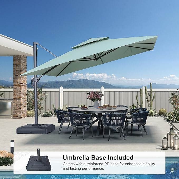 PURPLE LEAF 12 FT Cantilever Patio Umbrella Outdoor Umbrella with 330lbs Base Large Square Windproof Offset Umbrella for Pool Deck Garden, Mint Green