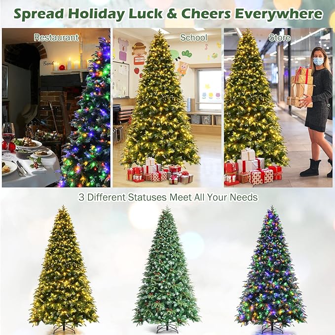 GOFLAME 9ft Pre-Lit Artificial Christmas Tree, Realistic Xmas Tree w/ 2599 Branch Tips, 780 Multi-Color LED Lights, 63 Pinecones & Red Berries, Pine Tree w/ 11 Flash Modes for Holiday Decoration