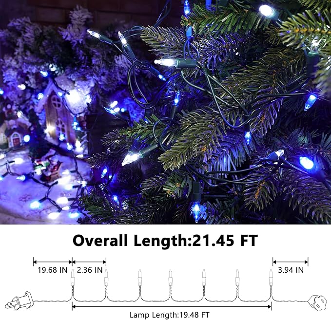 Christmas Lights -2 Pack Total 43FT 200 Count Conectable Waterproof String Lights Brighter Detachable Plug-in Lights Indoor & Outdoor for Christmas Decoration(Blue & White)