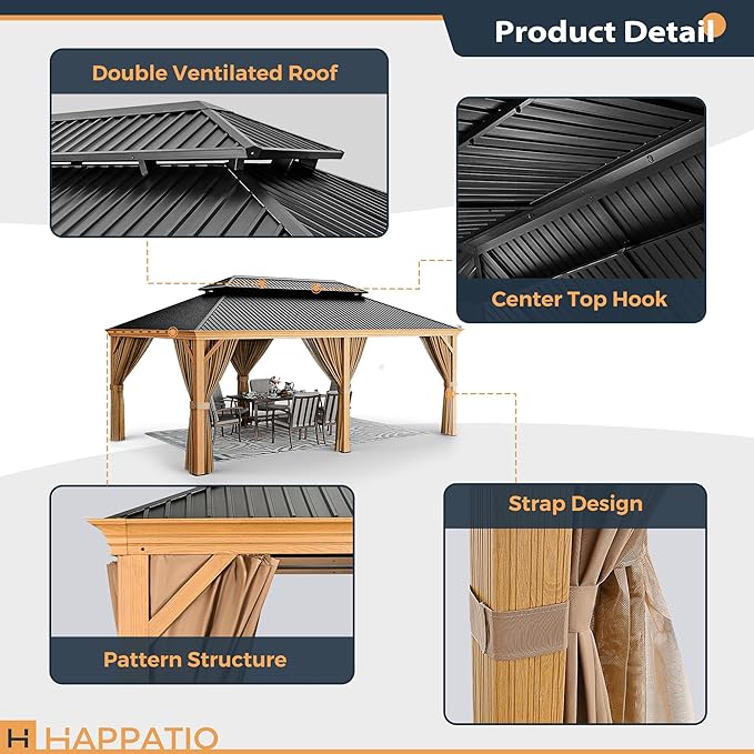 HAPPATIO 12' x 20' Hardtop Gazebo, Outdoor Wood Grain Aluminum with Galvanized Steel, Patio Double Roof Permanent Metal Gazebo Canopy with Netting and Curtains for Backyard, Patio, Deck (Brown)