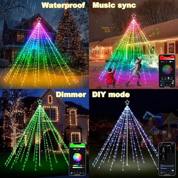 12Ft 478LEDs Outdoor Christmas Tree Waterfall Lights with Pole, Cascading Twinkle Light for Yard, Color Changing RGB, Smart App/Remote Control, Timer, Waterproof, Giant Outside Xmas Decor