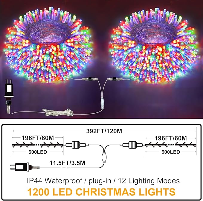 410Ft 1200LED Christmas Lights Outdoor Decorations 12 Modes & Memory Timer Christmas Lights with Remote Plug in Waterproof Fairy String Lights for Xmas Wedding Party Holiday Decor（Multicolor）