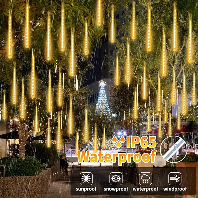 Solar Meteor Shower Lights Outdoor, Waterproof Christmas Lights Decorations Solar Powered 16 Tubes 384LED Icicle String Light, Snow Cascading Rain Drop Light for Xmas Tree Garden Decor (Warm White)