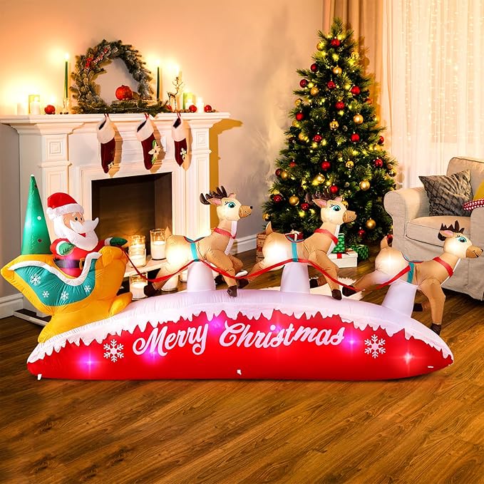 10FT Long Christmas Inflatables Santa Claus with Reindeer Sleigh Outdoor Decorations, Build-in Rotating Colorful LEDs Santa Blow up Yard Decoration for Holiday Xmas Party Indoor Lawn Christmas Eve