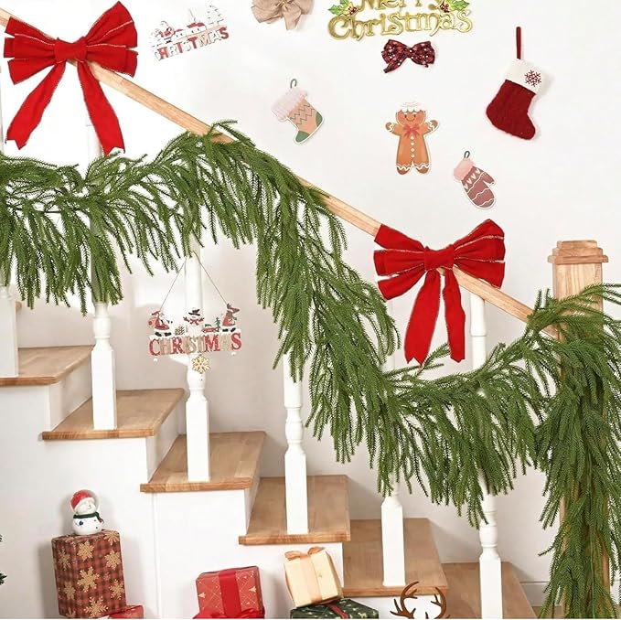 2 Pcs 6 Ft Artificial Norfolk Pine Garlands, Real Touch Winter Pine Garland, Green Artificial Greenery Garland for Table, Mantle, Wall, Indoor, Outdoor Christmas Decorations