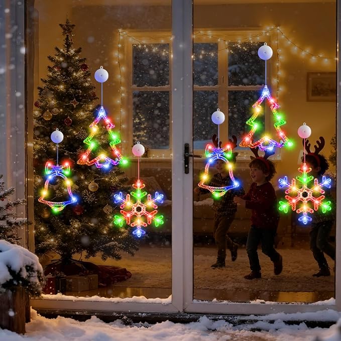 3Pack Christmas Window Lights Decorations with Timer,Battery Powered Christmas Hanging Multicolor Lighted Snowflake Tree Bells Shaped LED Sucker for 2026 Xmas Tree Fireplace Indoor Decor