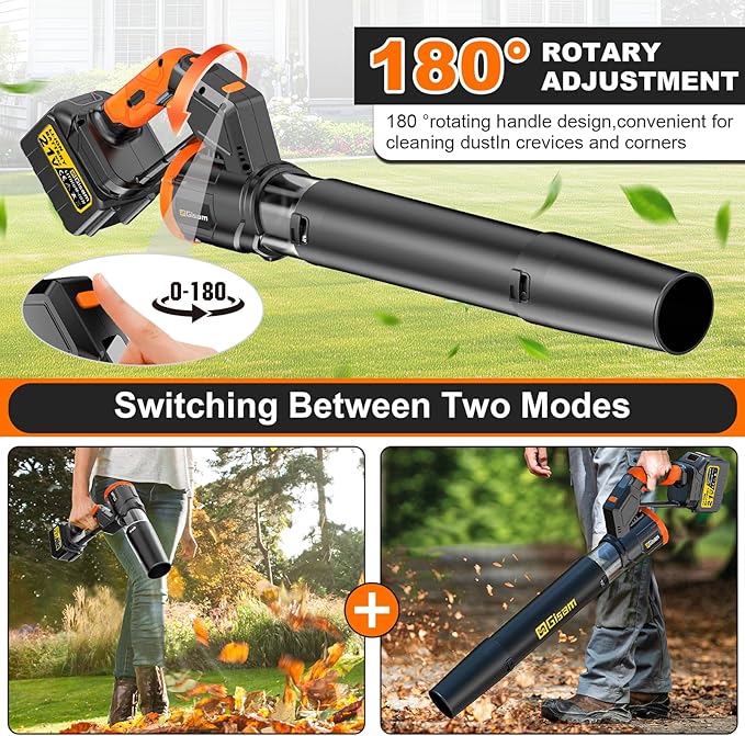 Electric Leaf Blower Cordless -850CFM, 250+MPH, 3000W Brushless Leaf Blower with 2¡¿6.0Ah Batteries, 180¡Æ Rotatable 2-in-1 Handheld Blower, 3-Speed for Lawn Care/Yard/Car/Patio