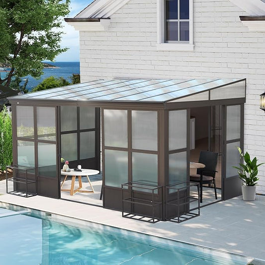 10x14FT Wall Mounted Sunroom Kit All Season, Outdoor Enclosed Gazebo Lean to Solarium with Detachable Polycarbonate Roof/Windows, 2 Lockable Sliding Doors, Permanent Aluminum Sun Room for Patio