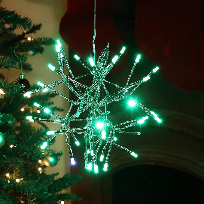 Alpine Corporation 10"H Indoor Christmas Twig 3D Hanging Snowflake Ornament with LED Lights, Green , Christmas Decoration