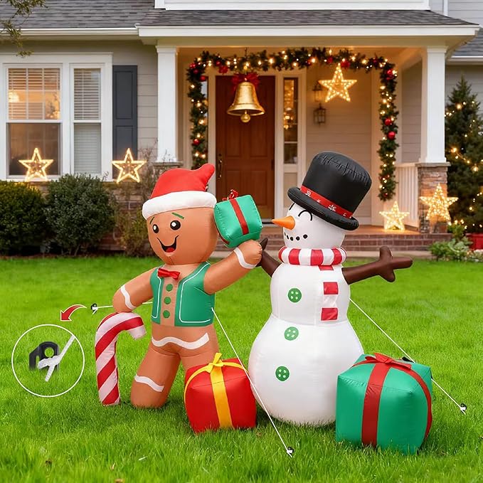 6FT Christmas Inflatable Decoration, Built-in LED Lighting Gingerbread Man Snowman Gift Box, Suitable for Inflatable Decoration in Outdoor Courtyards, Indoor Gardens and Lawns
