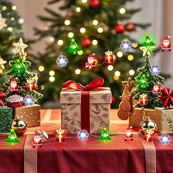 Battery Operated Christmas Lights 12FT 32 LED Snowflakes Christmas Tree Santa Clause Gift Box Xmas String Lights, Holiday Fairy Lights for Tree Decorations Table Home Indoor Holiday Decor