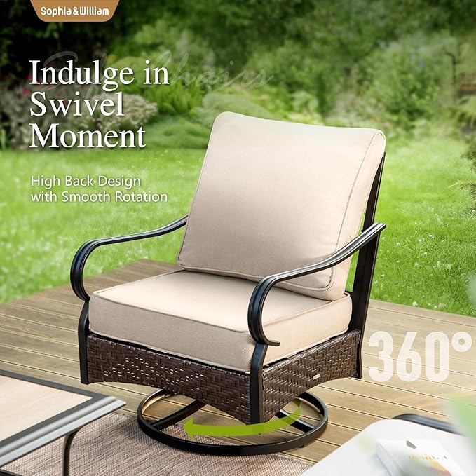 Sophia & William Extra Large Outdoor Patio Swivel Sofa Chairs Set 2 PCS Heavy-Duty Metal Porch Furniture with High Back & Deep Seating Area, 5.5" Thicken Cushions for Deck, Lawn, Outside (Beige)