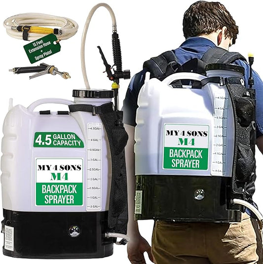 Backpack Sprayer - MY4SONS Silver M4 4-Gallon Cordless Battery Powered with 15ft Hose and Spray Pistol - 80 PSI Pump Liquid Sprayer Backpack - Electric Spray for Lawn, Garden, Ground Cleaning & More