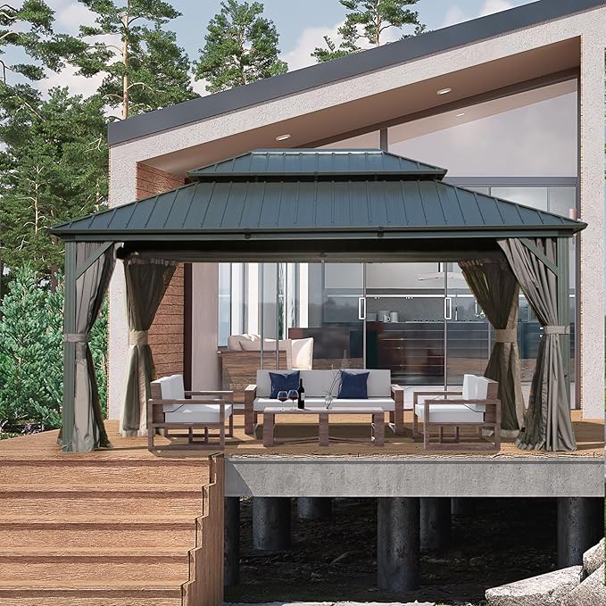 Domi 10' x 14' Hardtop Gazebo Permanent Metal Gazebo with Galvanized Steel Double Roof, Curtains and Netting for Outdoor Dining, Party, Patio, Backyard, Grey