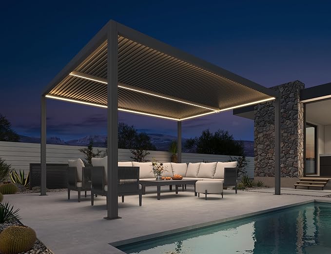 PURPLE LEAF LED Louvered Pergola 94AS 11'x 14' Full Aluminum Frame and Adjustable Roof Integrated Strip Lights for Outdoor Deck Garden Patio Gray Hardtop Gazebo Pergola