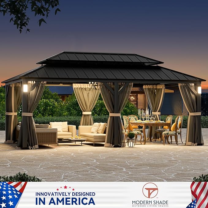 Modern Shade The Horizon Hardtop Gazebo 12' x 20' with 4 LED Lights, Permanent Outdoor Gazebo with Galvanized Steel Double Roof, Grill Pavilion with Decor Hooks, Mosquito Nettings, Black