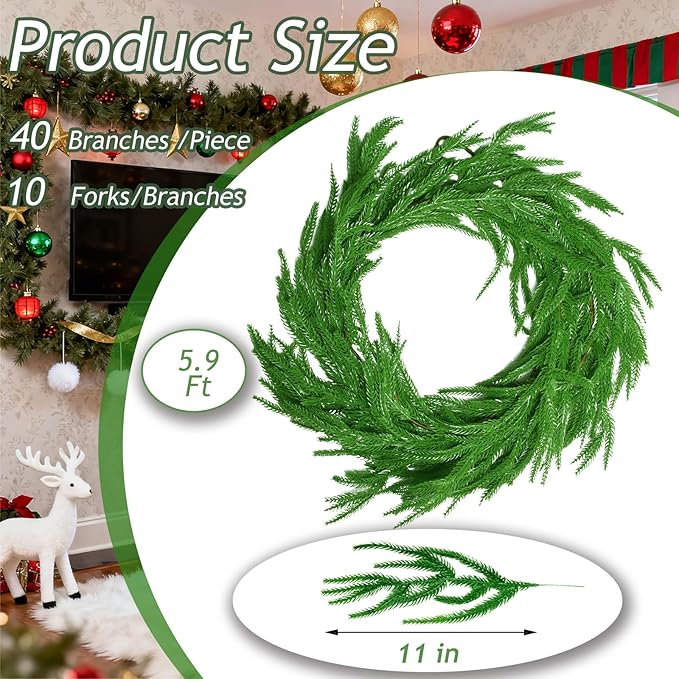 Grever 6 Feet Christmas Artificial Norfolk Pine Garland Real Touch Fake Evergreen Greenery Garland for Indoor Outdoor Fireplace, Mantle, Door, Windows, Table, Stairs, Wall, Wedding and Holiday Decor