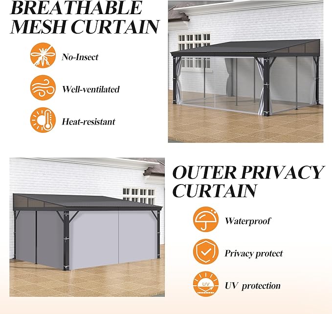 GARTOO 12' x 16' Lean to Hardtop Gazebo for Patio - Aluminum Frame Gazebos Pergola with Sloping Metal Roof, Outdoor Wall-Mounted Canopy Awnings to House for Patio, Garden, Lawn, Backyard Deck