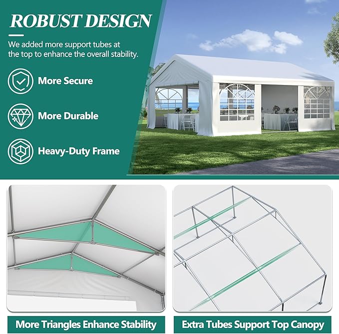 GARTOO 20' x 20' Canopy Party Tent & Carport - Heavy Duty Outdoor Wedding Gazebo with 4 Sand Bags, Event Shelter Canopy for Outdoor Event, Wedding, Birthday Party