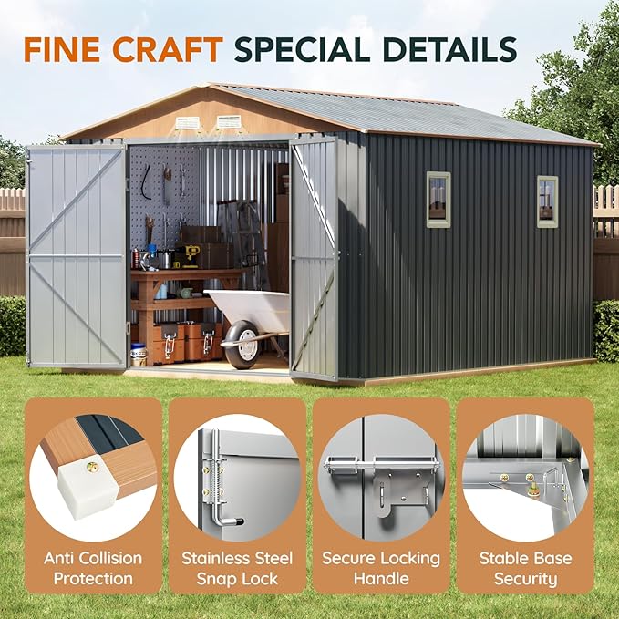 10x12x7.4FT Multi-Used Shed & Outdoor Storage Shed with Base, Lockable Doors, Windows and Vents, Extra Large Metal Shed for Garden,Backyard, Patio,Utility, Various Storage Shed(Matte Gray)