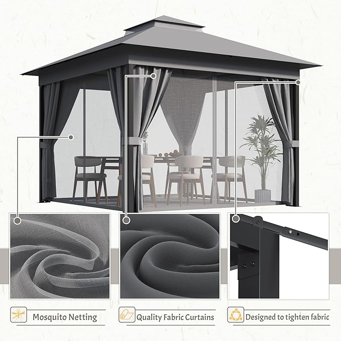 Devoko Outdoor Gazebo for Patio 10'x 10' Heavy Duty Metal Frame Canopy with Expansion Bolts & Double Roofs, Party Tent & Shelter with Mosquito Nettings and Privacy Screen for Backyard, Garden (Grey)