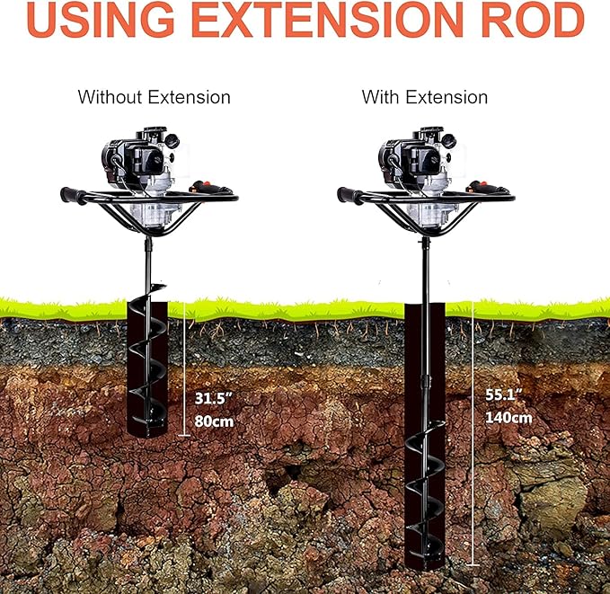 DC HOUSE 52cc 1800W Gas Powered Earth Auger EPA Certified Post Hole Digger, with 4 Drill Bits 4 6 8 12 and 3 Extension Rods 8 12 20, Mixing Ratio 30:1, for Fence, Farmland and Garden