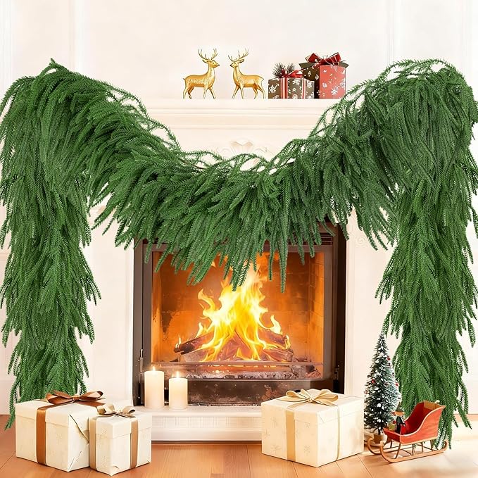 9FT Christmas Garland Artificial Norfolk Pine Garlands Real Touch Winter Green Greenery Garland Christmas Decoration Xmas Garland for Door Table Mantle Wall Indoor Outdoor Christmas Decor