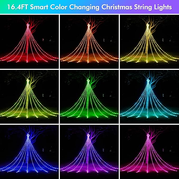 Outdoor Christmas Decorations, 16.4FT Smart RGB Color Changing Christmas Hanging Waterfall String Lights, APP Remote Control, DIY Multi-Color Lightshow, Music Sync, Outside Xmas Lights Decor