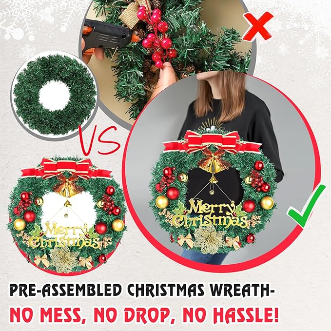 Christmas Wreaths for Front Door, Artificial Christmas Wreath with Bow, Bells, Berries, Gold Flowers and Holiday Decor Sign, Winter Wreaths for Fireplace, Windows, Wall Decor(20 Inches)