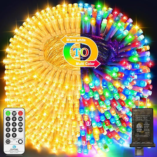 328 FT 720 LED Christmas Lights Outdoor Fairy Lights Plug In Color Changing String Lights Waterproof 11 Modes Timer for Outside House Tree Garden Wedding Party Decorations-Warm White to Multicolored