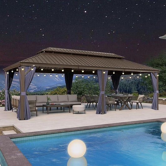 PURPLE LEAF 12' X 24' Outdoor Hardtop Gazebo Patio Wide Aluminum Frame Galvanized Steel Double Roof with Heavy Duty Netting and Curtains for Permanent Hard Top Pavilion Screen, Navy Blue