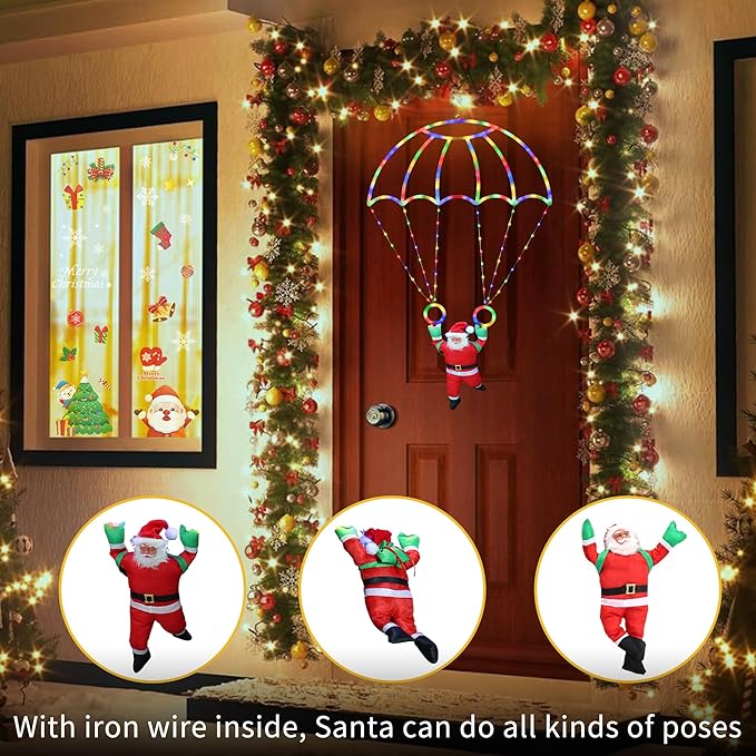Christmas Decorations Lights Outdoor, 2.8ft LED Christmas Parachute Light with Santa Claus, 8 Modes & Timer Battery Operated Hanging Xmas Lights for Roof Eave Balcony Home Garden Decor (Multicolor)