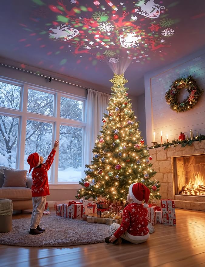 DG-Direct Christmas Tree Topper Lighted with 6 Projected Patterns, Led Rotating Magic Snowflake, 3D Hollow Glitter Lighted Silver Snow Tree Topper for Christmas Tree Decorations, Gold