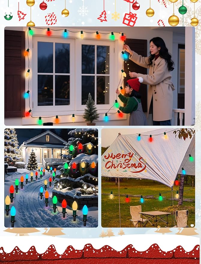 C9 LED Multicolor Christmas Lights Outdoor, 25Ft C9 Vintage Christmas Lights Waterproof with 26 LED Colorful Bulbs, Outdoor Christmas Decorations String Lights for Patio Garden Roofline Holiday Party