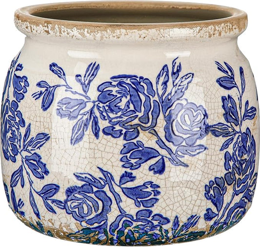 Vintage Chinoiserie Planter Large Ceramic Plant Pot with Drainage Blue Beige Rose Crack Cottage Scroll Vase Flower Vase for Pot Indoor Live Plants Home Farmhouse Antique Decorative Gifts
