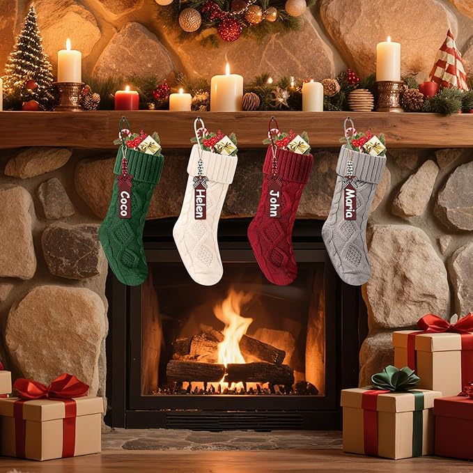 Christmas Stockings 18 Inches,Long Knitted Stocking with Name Tags, Christmas Decoration Hanging Stockings Fireplace Xmas Tree Ornaments for Home Family