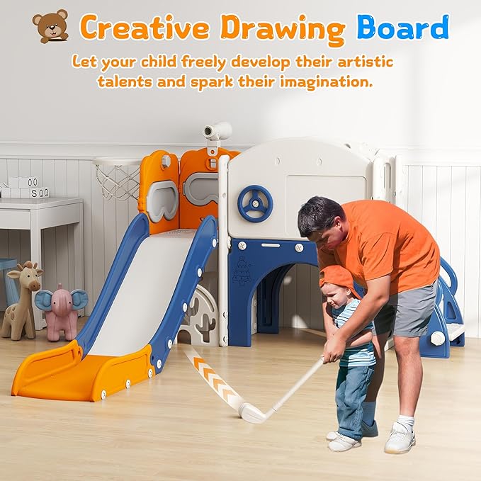 10-in-1 Toddler Slide Playset,Indoor Playground for Kids 1-3 and Toddler Outdoor playset with Golf Set, Basketball Hoop, Climbing Frame, Drawing Board and Steering Wheel, Yellow & Blue