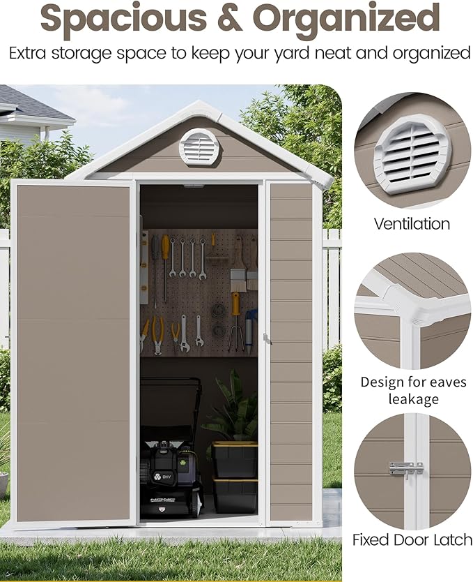 6x4.5 FT Plastic Sheds & Outdoor Storage, UV Resistant Storage Sheds Outdoor with Floor and Window, All-Weather Garden Resin Tool Shed for Lawn Mower, Yard Tools, Bike, Warm Gray