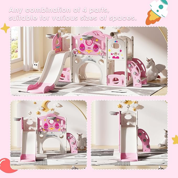9 in 1 Toddler Slide and Climber Playset Freestanding Backyard Playground for Children Age 1-4, Indoor Outdoor Kids Slide with Basketball Hoop,Telescope, Ring-toss and Storage Space