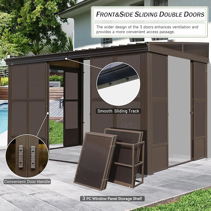 8x12FT Wall Mounted Sunroom Kit with 3 Sliding Double Doors (Front and 2 Sides), Patio Small Solarium All Season, Enclosed Lean to Gazebo with Galvanized Steel Roof and PC Windows for Backyard