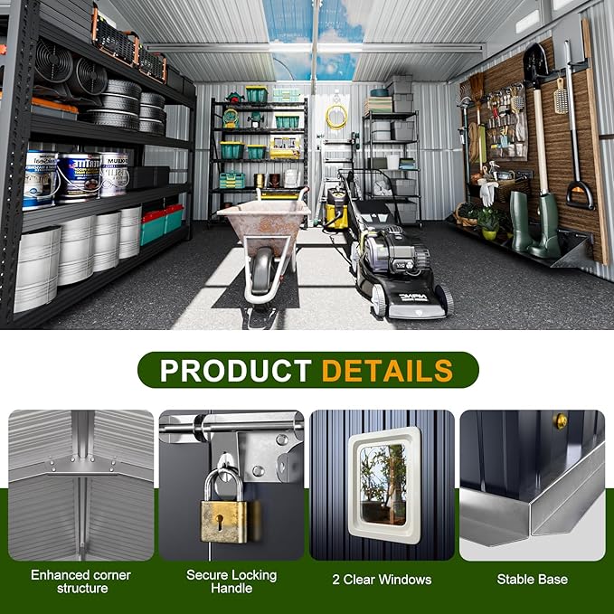 12x10 FT Metal Sheds & Outdoor Storage with Floor: Heavy Duty Garden Sheds with Dual Transparent Roof Panels, DIY-installable Windows & Lockable Doors, Tool Shed w/Base for Backyard, Patio, Grey