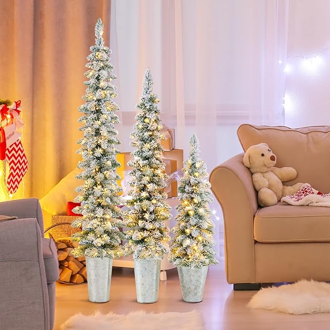 GOFLAME Set of 3 Pre-Lit Potted Christmas Trees, Snow Flocked Pencil Christmas Tree Set 3Ft, 4Ft and 5Ft with Warm White LED Lights, Timer, Holiday Decoration Tree for Home Party