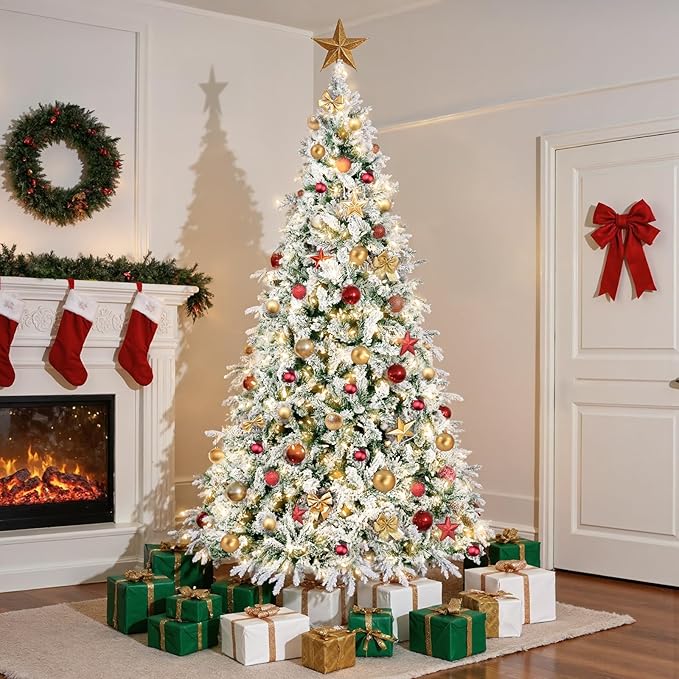 HOTEAGLE 7.5FT Prelit Artificial Christmas Tree, Snow - Dusted Pencil Tree with 400 UL Listed Multicolored Lights for Indoor Home & Office Christmas Decoration (50 * 50 * 90in)