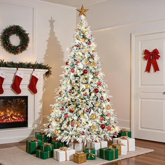 HOTEAGLE 7.5FT Prelit Artificial Christmas Tree, Snow - Dusted Pencil Tree with 400 UL Listed Multicolored Lights for Indoor Home & Office Christmas Decoration (50 * 50 * 90in)