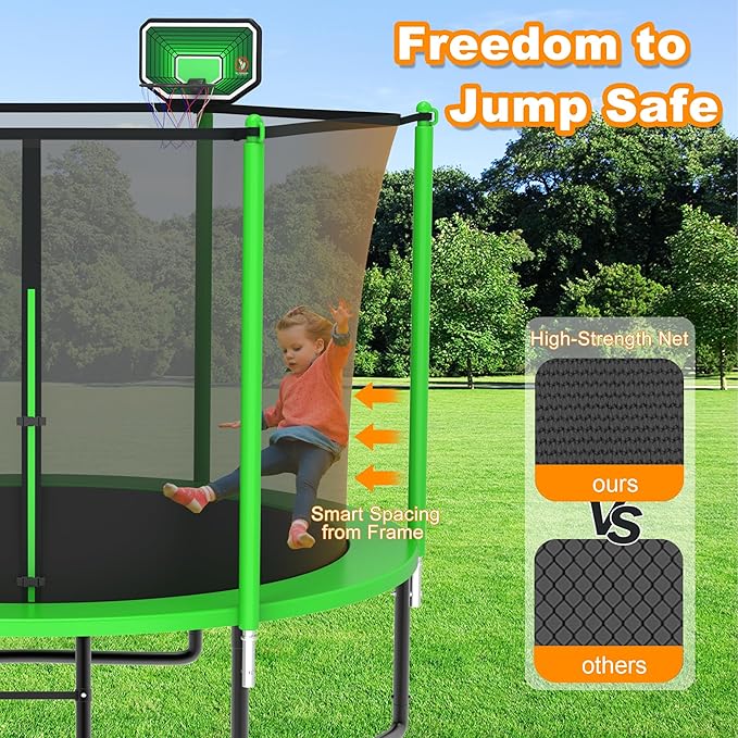 DeepRoar 2026 Upgraded 8FT 10FT 12FT 14FT 15FT 16FT Outdoor Tranpoline for Kids, Big tranpoline with Basketball Hoop, Lights, Sprinkler & Socks, Heavy Duty tranpoline 1500LB, ASTM Approved Tranpoing