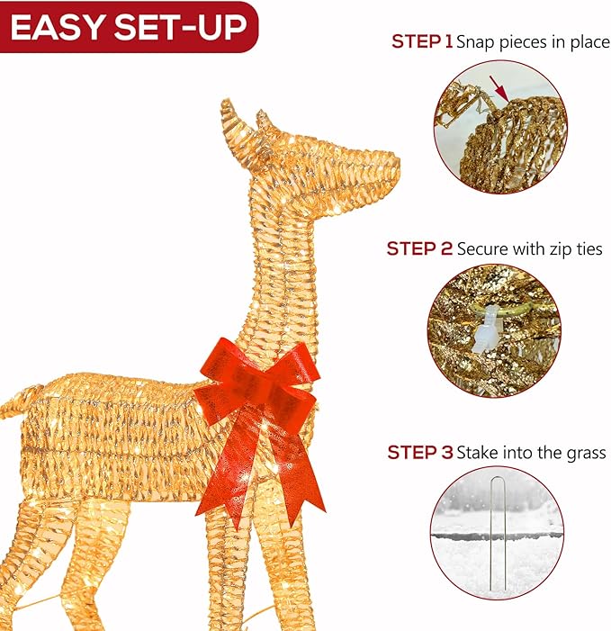 Hykolity 3.5 FT 3D Lighted Outdoor Christmas Reindeers, 2-Piece Light Up Christmas Deers with 130 Warm White LED Lights, Outdoor Reindeer Yard Decoration with Stakes, Zip Ties, Gold