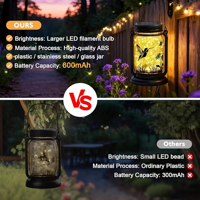 2 Pack Hummingbird Solar Lantern Outdoor Garden Decor, Christmas Birthday Gifts for Women Mom Grandma, Waterproof Hanging Vintage Glass Mason Jar Outside for Yard,Patio, Backyard,Porch,Tree, Pathway